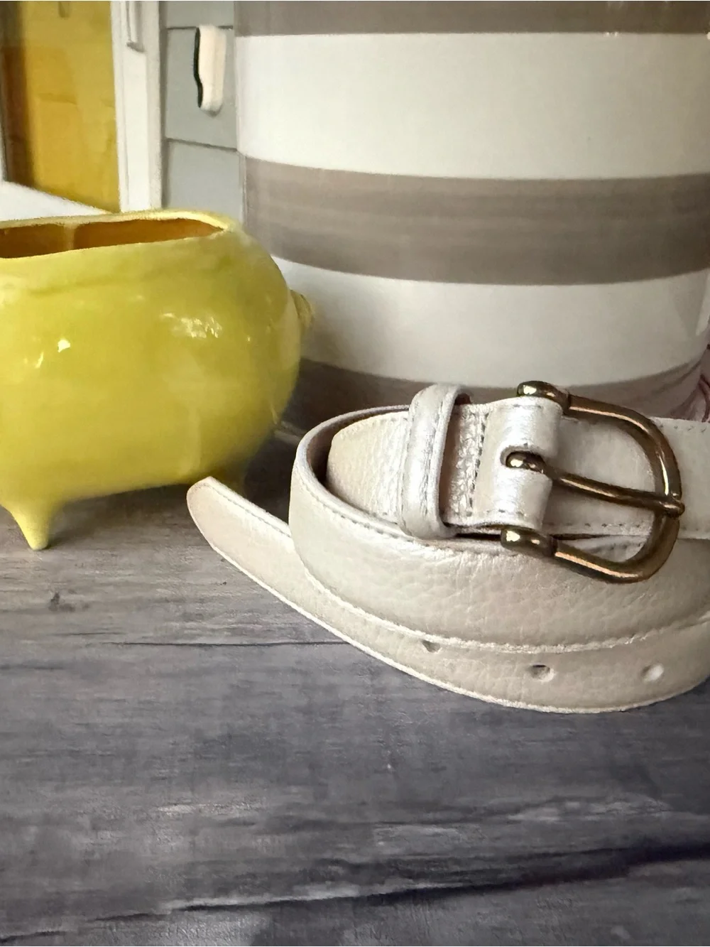 L.L. Bean Cream Leather Belt with Brass-Tone Buckle Size L
